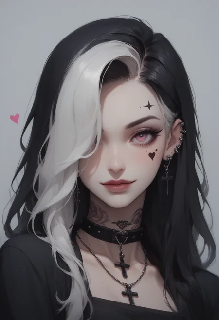 score_9, score_8_up, score_7_up, Goth girl, Goth girl 1girl 1girl,solo,long hair,looking at viewer,smile,simple background,black hair,jewelry,white hair,heart,multicolored hair,earrings,choker,pink eyes,grey background,necklace,hair over one eye,two-tone hair,tattoo,cross,ear piercing,portrait,facial tattoo, painting, <lora:[GP] somethingweird [Pony XL]:0.2>, <lora:g0th1cPXL:0.3>, <lora:Concept Art Twilight Style SDXL_LoRA_Pony Diffusion V6 XL:0.8>,   <lora:Goth_girl_XL-v2:0.8>