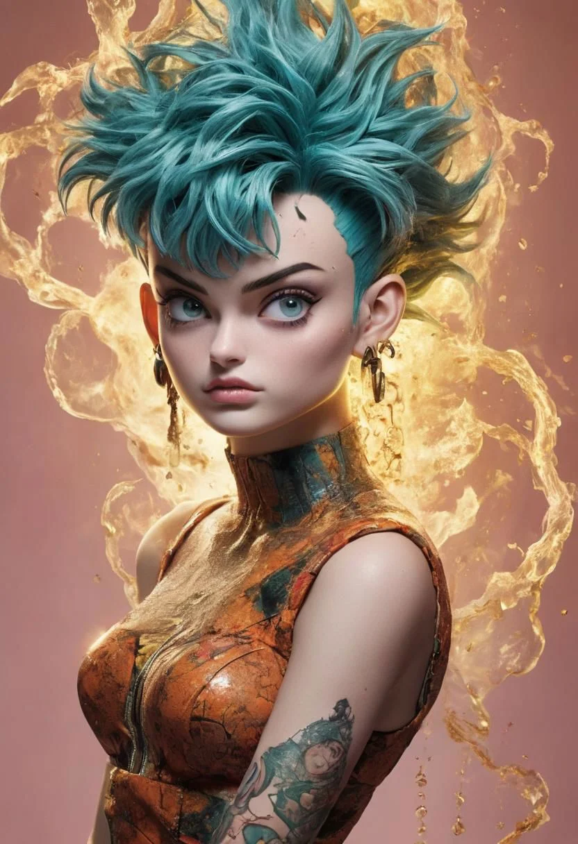 Bulma From Dragon Ball in Paul Gaultier Advertisement, very detailed, hd, Power Aura, pressure Wave, Studio, PEHighContrast