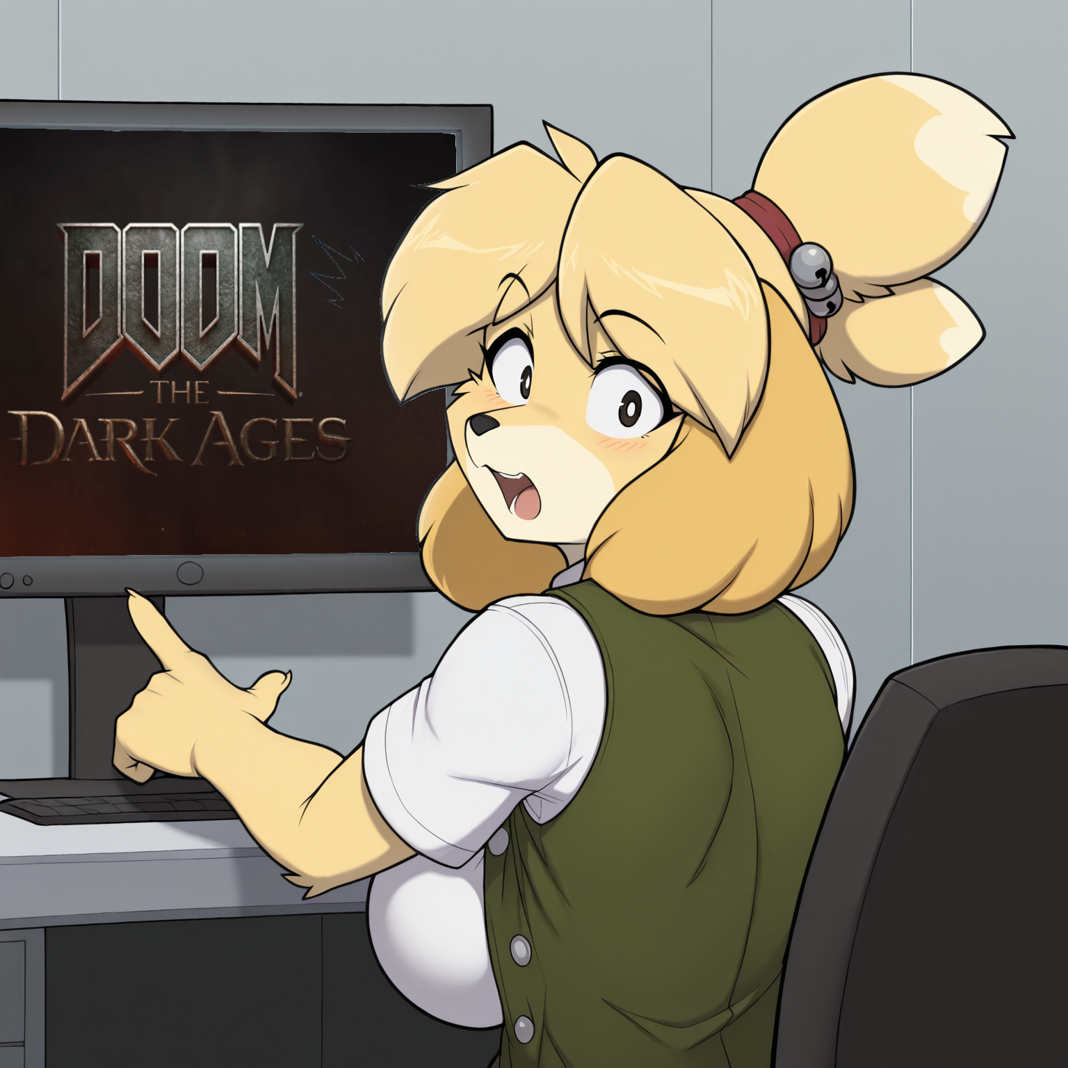 masterpiece, best quality, amazing quality,1girl,solo,ByHexteknik,furry,fur,body fur, furry female,large breasts,isabelle, sitting, inside office, pointing at monitor, surprised,white shirt, green vest, from behind, looking back, looking at viewer,embarrassed,blush<lora:Hexteknikv23:1.0>