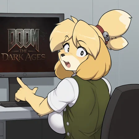 masterpiece, best quality, amazing quality,1girl,solo,ByHexteknik,furry,fur,body fur, furry female,large breasts,isabelle, sitting, inside office, pointing at monitor, surprised,white shirt, green vest, from behind, looking back, looking at viewer,embarrassed,blush<lora:Hexteknikv23:1.0>