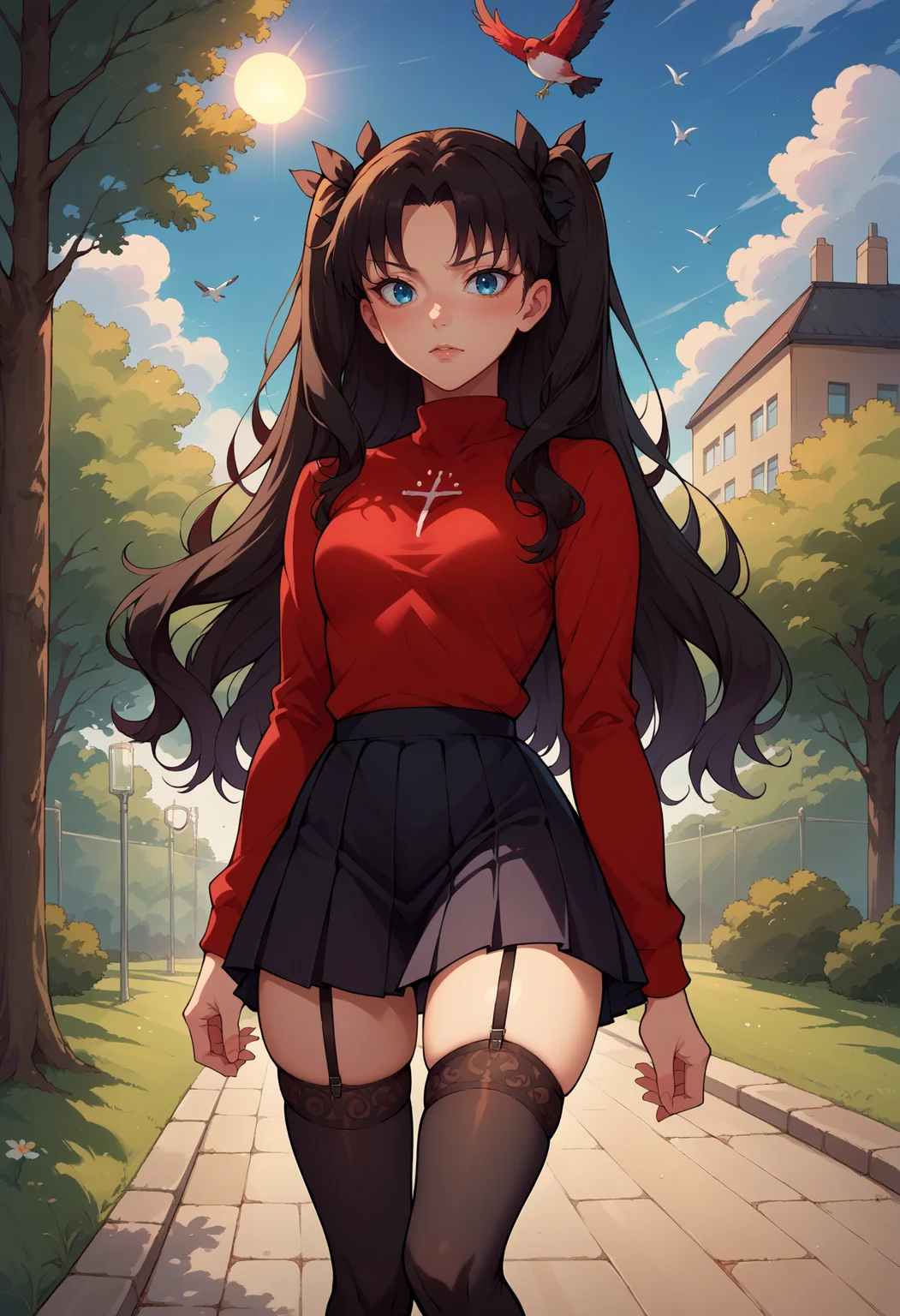 score_9, score_8_up,score_7_up, source_anime, 1girl, solo, <lora:EPfsnRinPony:1.0>, EPfsnRin, long hair, black hair, two side up, twin-tails, blue eyes, red sweater, long sleeves, thighhighs, garter straps, zettai ryouiki, black skirt, pleated skirt, skindentation, outdoors, park, blue sky, sun, bird,