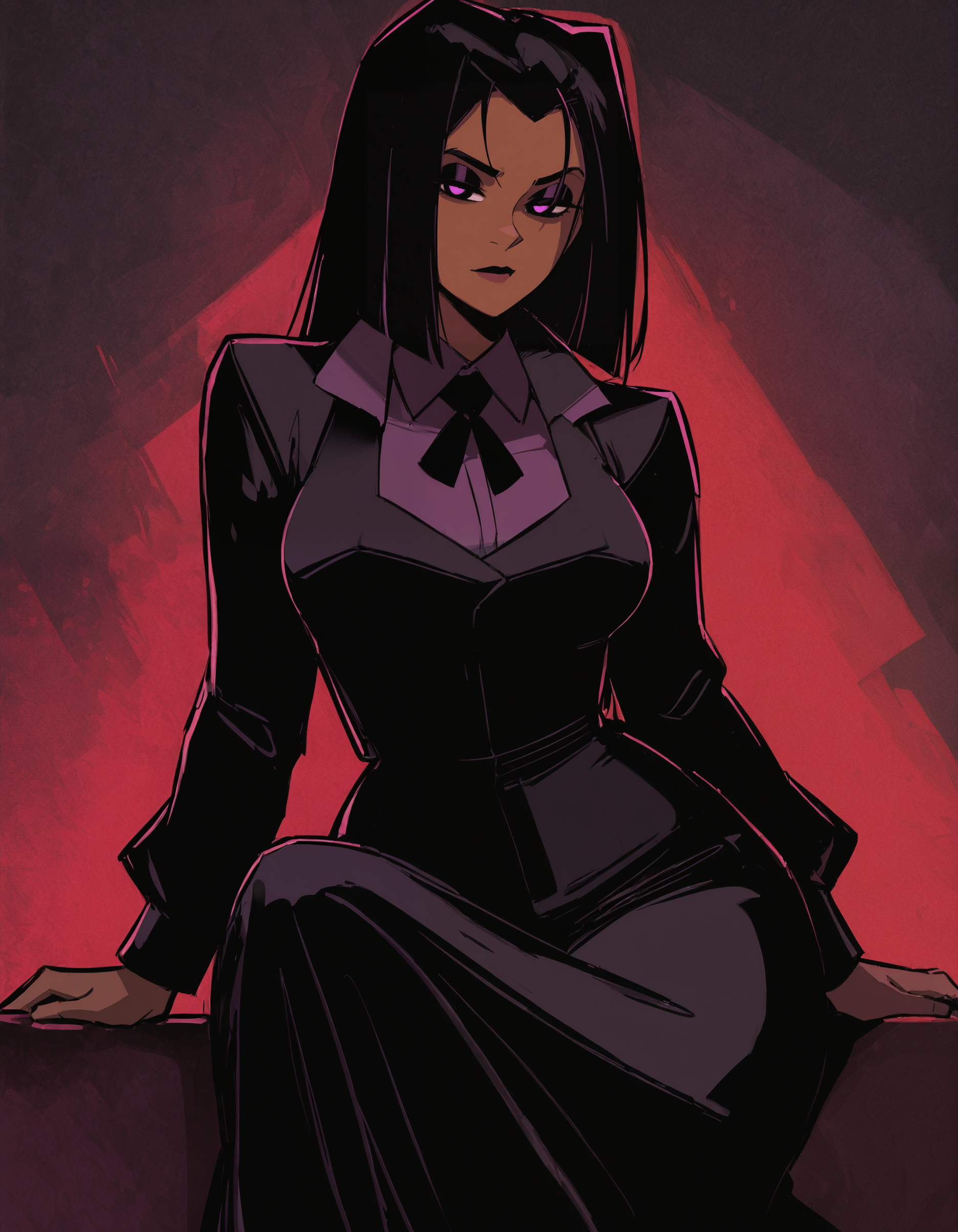masterpiece, best quality, very aesthetic,newest, very awa, <lora:Kassandra_Cruz:1>, <lora:69yottea_illu_v2:1>,1girl, kassandra cruz,solo, black hair, long hair,  looking at viewer, sitting, bangs, collared shirt, shirt, long sleeves, dress