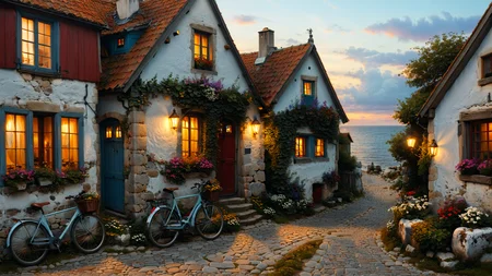 A Danish seaside cottage with colorful facades, where bicycles line the cobblestone streets,, candle light,, fantasy digital art, octane render, beautiful composition, trending on artstation, award-winning photograph, masterpiece,-unique perspective-detailed photo  <lora:xl_more_art-full_v1:0.8>  <lora:EnvyFeverDreamXL01a:0.7>   <lora:The_Classic:0.8>