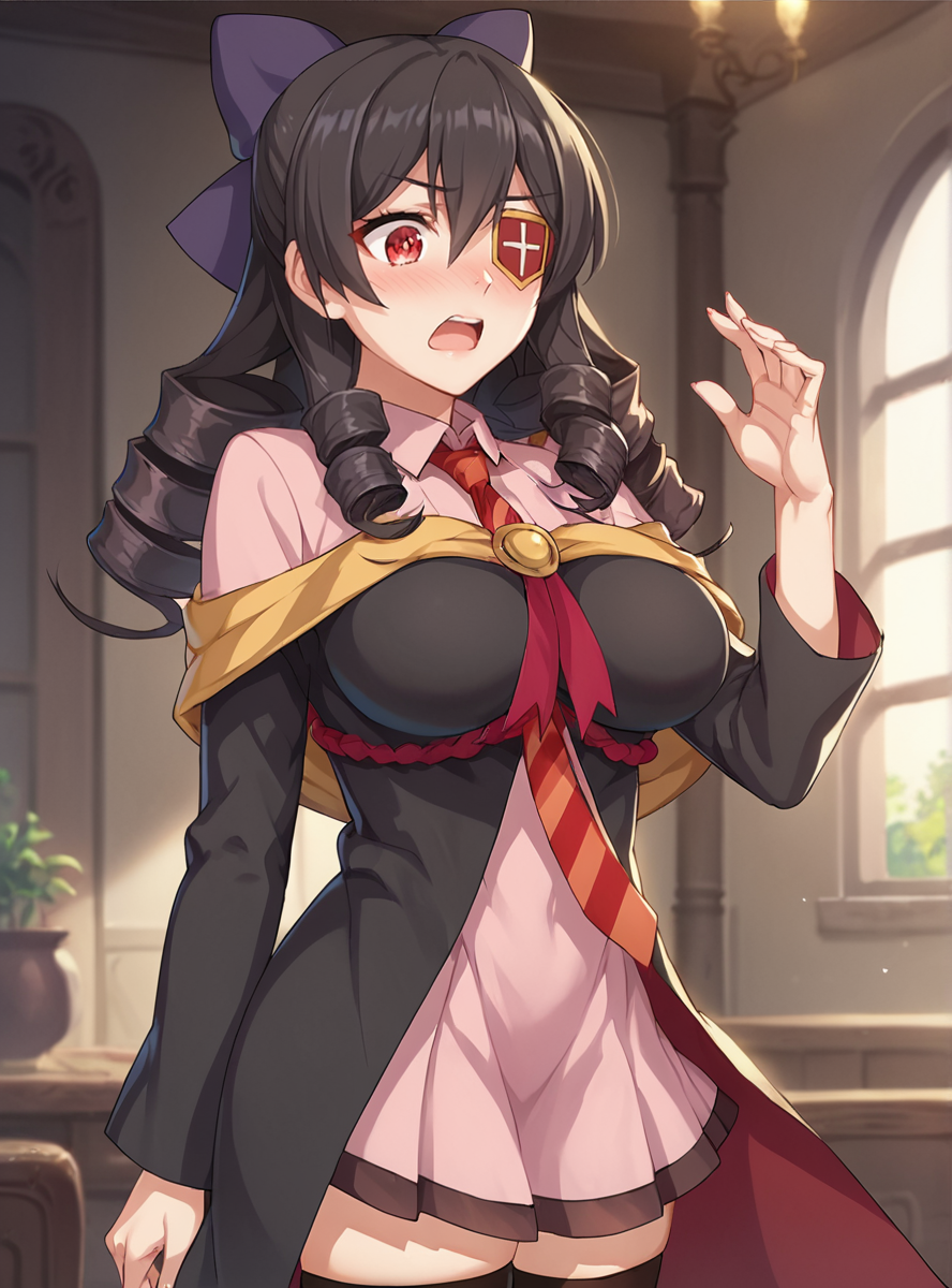 score_9, score_8_up, score_7_up, score_6_up, score_5_up, score_4_up, source_anime, anime screencap, <lora:ArueKonosuba:0.8>aruekonosuba, 1girl, solo, eyepatch, red eyes, breasts, necktie, large breasts, long hair, bow, black hair, drill hair, thighhighs,  nose blush, standing indoors, embarrassed,  surprised,