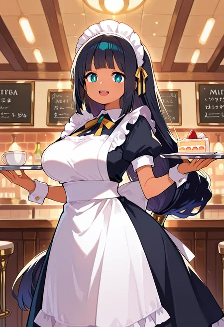 masterpiece, best quality, amazing quality, very aesthetic, absurdres, newest, illustration, perfect composition, intricate details, highres, general, 1girl, solo, (cowboy shot:1.2), hennaww, dark skin, dark-skinned female, aqua eyes, white pupils, black hair, long hair, very long hair, low-tied long hair, blunt bangs, sidelocks, large breasts, 
maid clothes, maid, black dress, frilled dress, (long dress:1.2), frills, white puffy short sleeves, wrist cuffs, maid headdress, maid aprons, looking at viewer, open mouth, smile, indoors, maid cafe, holding tray, cup, drink, cake, shiny body, shiny skin, skindentation, clear skin, shiny hair, ultra detailed eyes, depth of field, sharp, intricate details, hyperdetailed, ultra-detailed, detailed clothing folds, high contrast, dynamic light <lora:Henna_Phantom_Brave_ill_v1.1:1>