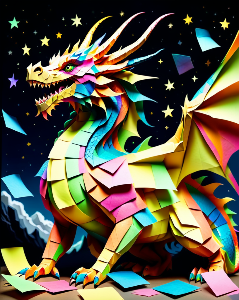 a massive colorful dragon with fine scales made out of Jed-StickyN, dynamic pose, dynamic angle, dark fantasy, epic, intricate details, ultra wide shot, zoomed out, side view, 
<lora:StickyNotesStyle:1>,  <lora:add-detail-xl:0.7>,  <lora:sd_xl_dpo_lora_v1:1>, <lora:xl_more_art-full_v1:0.3>,  set against a  background of a starry sky,