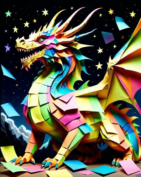 a massive colorful dragon with fine scales made out of Jed-StickyN, dynamic pose, dynamic angle, dark fantasy, epic, intricate details, ultra wide shot, zoomed out, side view, 
<lora:StickyNotesStyle:1>,  <lora:add-detail-xl:0.7>,  <lora:sd_xl_dpo_lora_v1:1>, <lora:xl_more_art-full_v1:0.3>,  set against a  background of a starry sky,