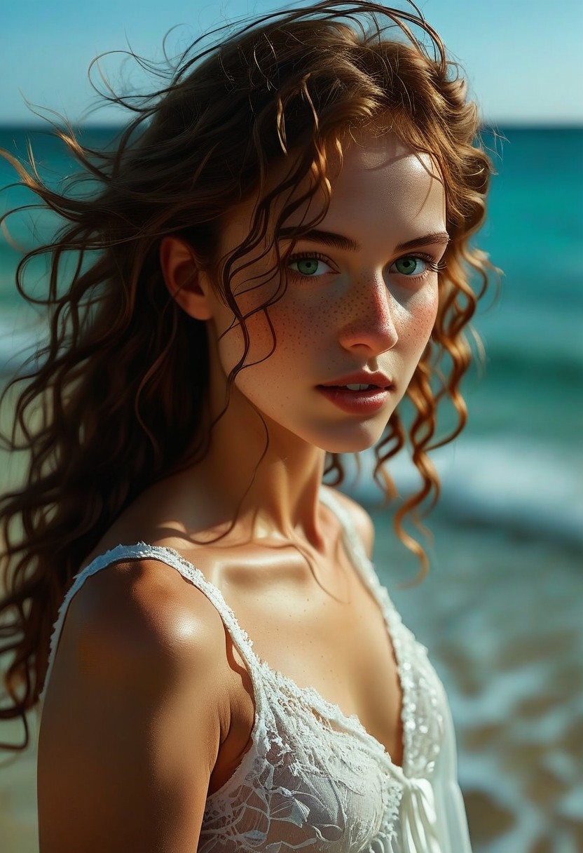 neoteny, small mouth, large eyes, wideset eyes, barely, freckles, clothed, skinny, round face, european, portrait, beach, ocean, depth of feild, 1girl, solo, long hair, looking at viewer, upper body, parted lips, brown hair, lips, realistic, outdoors, blue eyes, day, depth of field, green eyes, nose, bare shoulders, eyelashes, messy hair, sleeveless, photorealistic, see-through, teeth, eyebrows, white dress, dress, small breasts, wavy hair
