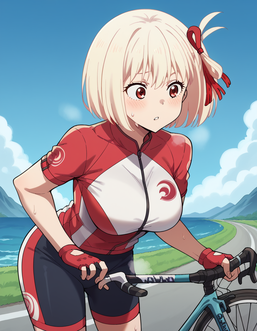 score_9, score_8_up, score_7_up, source_anime, chisatonishikigi, <lora:chisato-nishikigi-s1-ponyxl-lora-nochekaiser:1>, chisato nishikigi, short hair, bangs, blonde hair, red eyes, hair ribbon, one side up, bob cut, large breasts,, <lora:cycling-uniform-ponyxl-lora-nochekaiser:1> cycling uniform, bicycle, bike jersey, bike shorts, biker clothes, fingerless gloves, gloves, road bicycle, short sleeves,, road, mountains, ocean, blue sky, clouds, bent over, parted lips, sweat, steam, blush, cowboy shot,