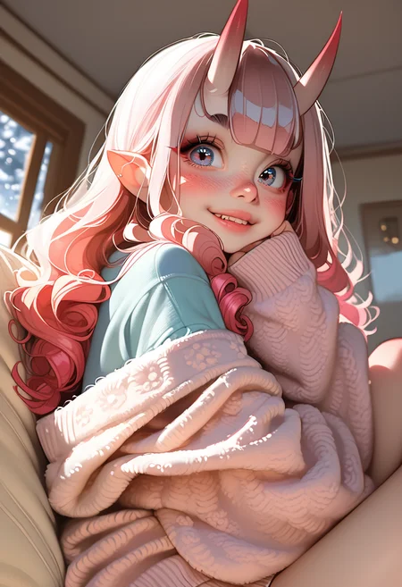 score_9, score_8_up, score_7_up, highly detailed, sharp focus, HD, (1girl:1.4), ((solo)), ((pale skin:1.3)), (cute young oni girl:1.5), small sharp horns, (big expressive eyes:1.3), (soft pink blush:1.2), ((long fluffy pastel pink hair:1.4)), slightly messy hair, shy smile, wearing a cozy sweater, (small black horns:1.3), (pointy ears:1.2), (tiny bat wings:1.2), soft freckles, fantasy-inspired outfit, (Japanese-style modern room:1.4), cozy house interior, warm lighting, sitting on a plush futon, hugging a pillow, cute pose, playful expression, charming, soft anime shading, ultra-detailed fabric folds, elegant color balance, soft glowing ambient light
<lora:Expressive_H:1> <lora:incase-ilff-v3-4:0.6> <lora:MoriiMee_Gothic_Niji_Style_Illustrious_r1:0.7>