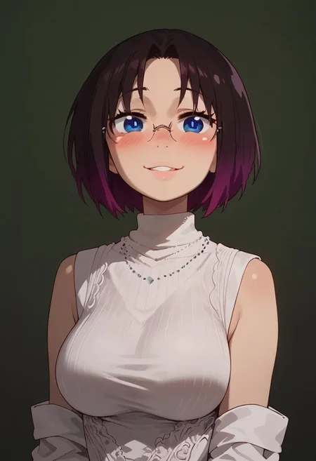 score_9, score_8_up, score_8. score_9, score_8_up, score_7_up, score_6_up, masterpiece, 4k, high quality, (best quality:1.1), ExpressiveH
1girl, 1girl,solo,elma ,multicolored hair,gradient hair,purple hair,smile,short hair,glasses, large breasts, blushing, looking at viewer, smiling, g0dd3ss, white dress
green background