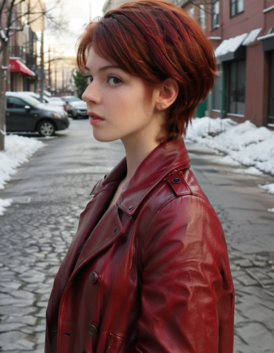 a conceptual close-up from behind with natural lighting, captured by pedro almodóvar; it is showcased a honduran, of legal age, and fit woman, having a ruby-haired pixie layered haircut; wearing a long winter leather coat with detailed textures; looking back amidst a city street at a cold winter day. <lora:AnalukXL8:1>