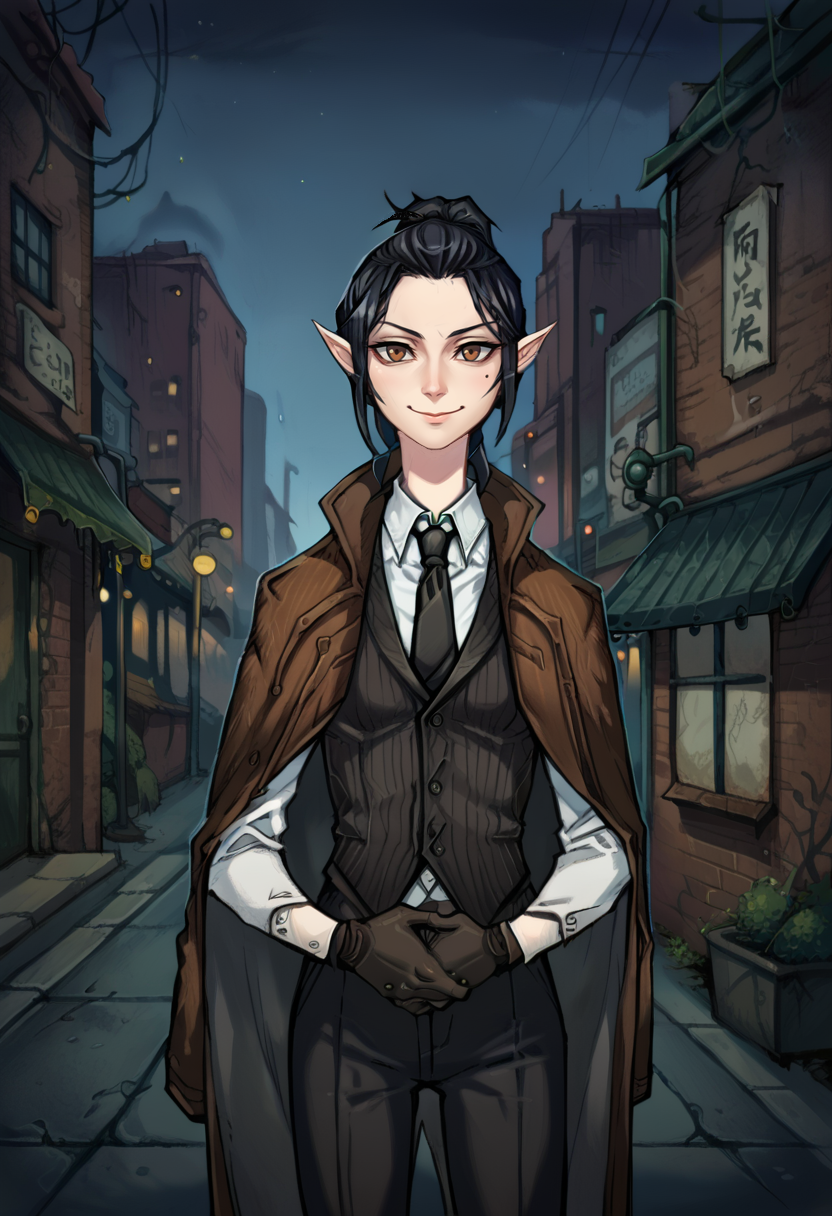 score_9, score_8_up, score_7_up, 1girl, solo, SulfS-S3B1LL3,
pointy ears, black hair, short hair, low ponytail, brown eyes,
skinny, tall,
smiling,
modern city street.
<lora:Sebille_Kaleran_Divinity_Original_Sin_2-000003:0.7>  <lora:Mafia_Outfit:1> mafi4, necktie, gloves, suit, white shirt, black vest, black pants, coat,  <lora:egerkrans:1> 3g3rkr4ns