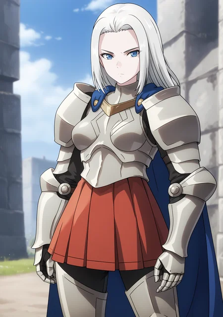 score_9, score_8_up, score_7_up, score_6_up, score_5_up, score_4_up, grey_armor, grey_armor, Scama_Elbero, looking_at_viewer, medium_breasts, solo, forehead, closed_mouth, expressionless, plate_armor, breastplate, boobplate, shoulder_armor, pauldrons, gauntlets, blue_cape, greaves, red_skirt, pleated_skirt, armored_skirt, standing, outdoors, <lora:Scama_Elbero_V1(SDXL)_1:1> <lora:hand 4:1>, Hand, detailed, perfect, perfection, hands,