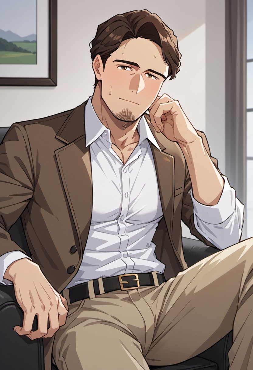 score_8_up, score_7_up, masterpiece, best quality, best aesthetics, perfect anatomy, perfect proportions, high resolution, good colors, bright skin, good shading, countershading, well detailed background, BREAK, solo, 1boy, brown eyes, short hair, mature, Brown hair, Richter, chin beard, BREAK, Sitting in an armchair, bedroom, white shirt, brown jacket, brown trousers, black men's shoes, best quality, best aesthetic, high details<lora:EMS-428848-EMS:0.850000>