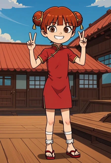 score_9, score_8_up, score_7_up, 1girl, solo, Fiore_DC, light skin, brown eyes, red hair, short hair, Double bun, bun cover, bangs, white socks, sandals, Chinese clothes, China dress, red cheongsam
big eyes, young, petite, small body, short body, child, flat chested, social smile, perfect eyes, perfect smile, looking at the viewer, detailed eyes, perfect eyes, standing, five fingers, perfect hands, hands sign peace, futuristic oedo town, blue sky, daytime, good weather, nice