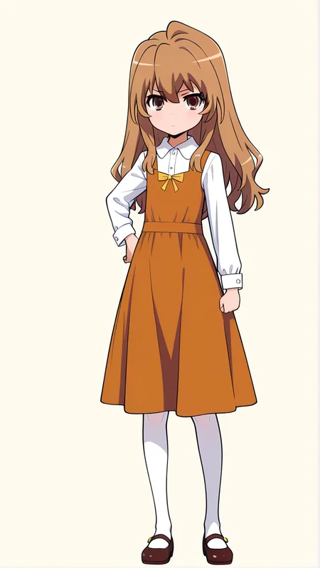 masterpiece,best quality,high resolution,absurdres,aisaka taiga, 1girl, solo, long hair, brown hair, dress, full body, shoes, mary janes, long sleeves, standing, shirt, hand on own hip, white shirt, looking at viewer, white pantyhose, pantyhose, brown dress, closed mouth, collared shirt, sleeveless dress, pinafore dress, brown footwear, hair between eyes, clenched hand,<lora:aisaka_illustrious_0001:1>,