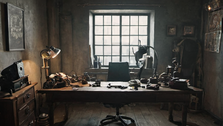 <lora:Roger_Deakins_Cinematography_XL:1>, Gadgetpunk, home office,, movie still, Fantasy Genre