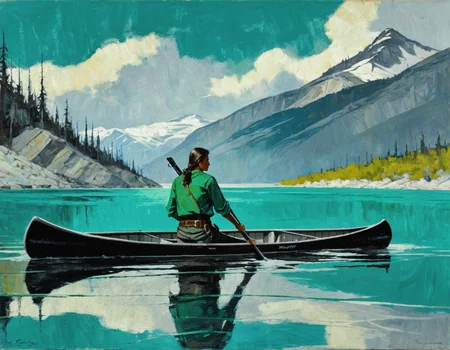 a Schoonover close up, side view, high quality two tone painting using shades of blue. In the canoe, an experienced hunter in front, stands facing forward, and he aims a long rifle forward, horizontal to the viewer, toward the shore, sensing danger. He wears a green shirt, black pants. A woman sits in the stern of the canoe, leaning back a bit, and looking upward at the man. She wears a dark coat . The canoe they sit in is made of dark material, with a black exterior and a faded light-gray interior. The watery surface is light turquoise in color, while the deeper waters near the canoe are a deeper green. The sky is mostly turquoise, with some white spots and streaks running across it. Dark gray and white snowy mountain peaks are located far in the background.  In the American northwest in 1905<lora:FSchoonover-000003:1> schoonover