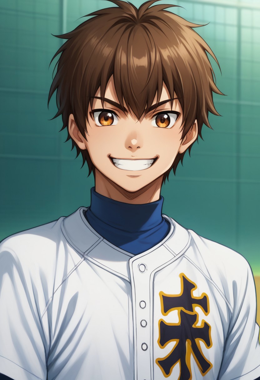 score_9, score_8_up, score_7_up, source_anime, highly detailed, 
eijun, 1boy, solo, male focus, brown hair, baseball uniform, sportswear, brown eyes,  smile, upper body, grin,