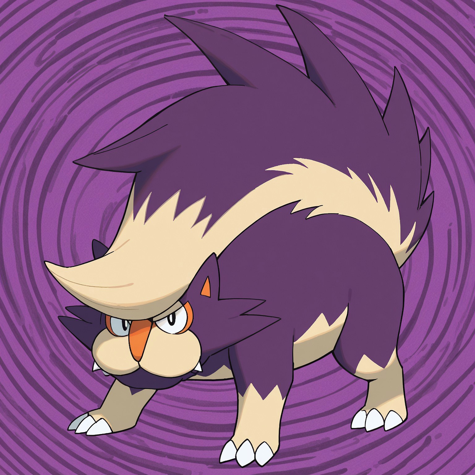 Solo, 2d, Skuntank, pokemon (creature), feral, spiky fur, purple face tufts, skunk, purple fur, beige fur, two-tone fur, huge tail, tail on head, orange nose, claws, toe claws, black pupils, fangs, 

BREAK best quality, amazing quality, very aesthetic, absurdres, newest, masterpiece, high quality

BREAK standing, looking at viewer, full body, abstract background