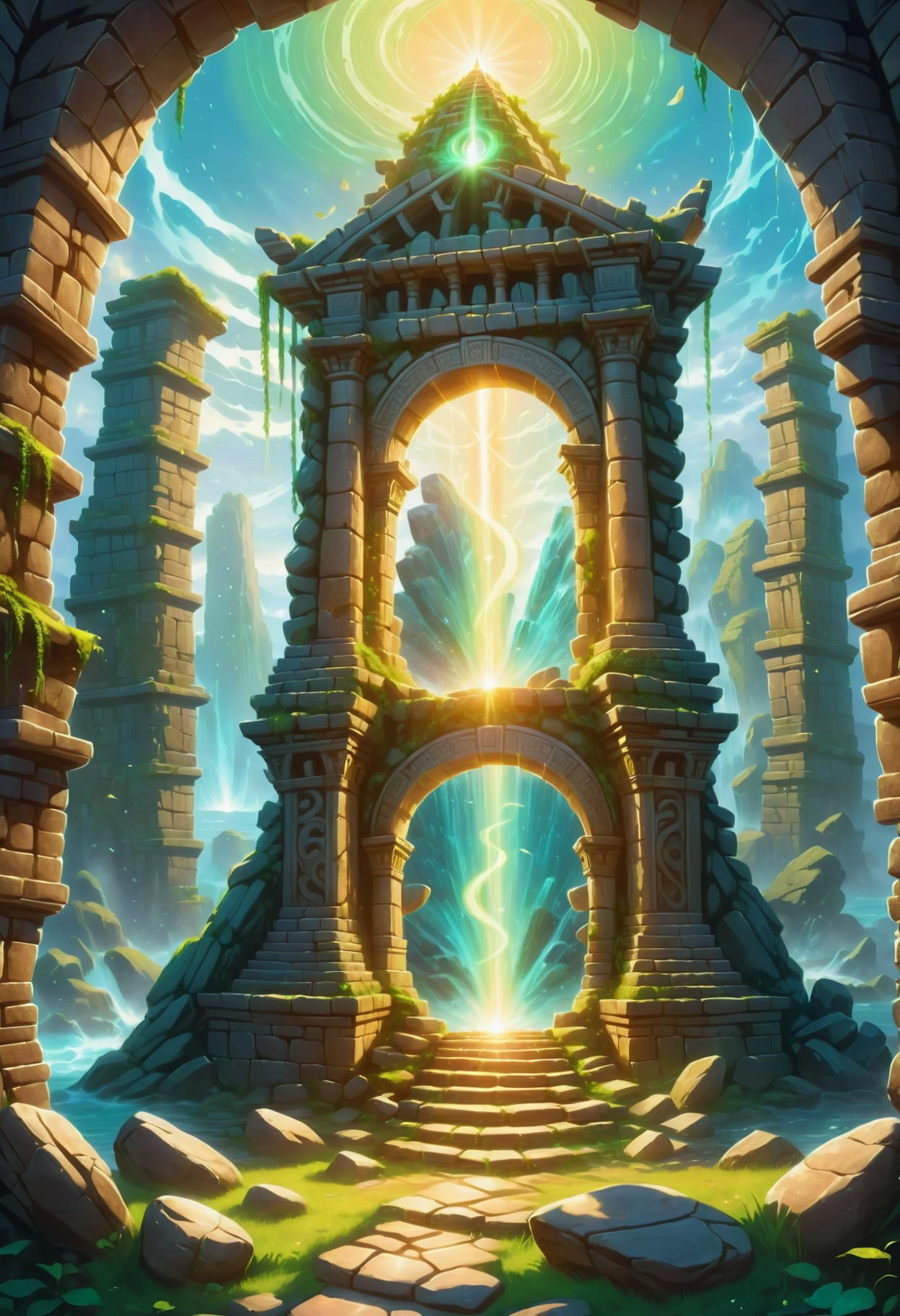splash art of ancient fairy temple ruins tower crumbling, stones, ancient ruins, (swirling portal leading to another dimension:1.1) from the center of the tower, glowing light, 8k, high quality,<lora:FaeTastic2:0.7>