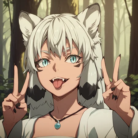 <lora:SlimesSuphia:1>, score_9, score_8_up, score_7_up, slimes_suphia, woman, portrait, facial markings, thick forest background, sunbeams, fangs, tongue out, peace handsign, dog ears