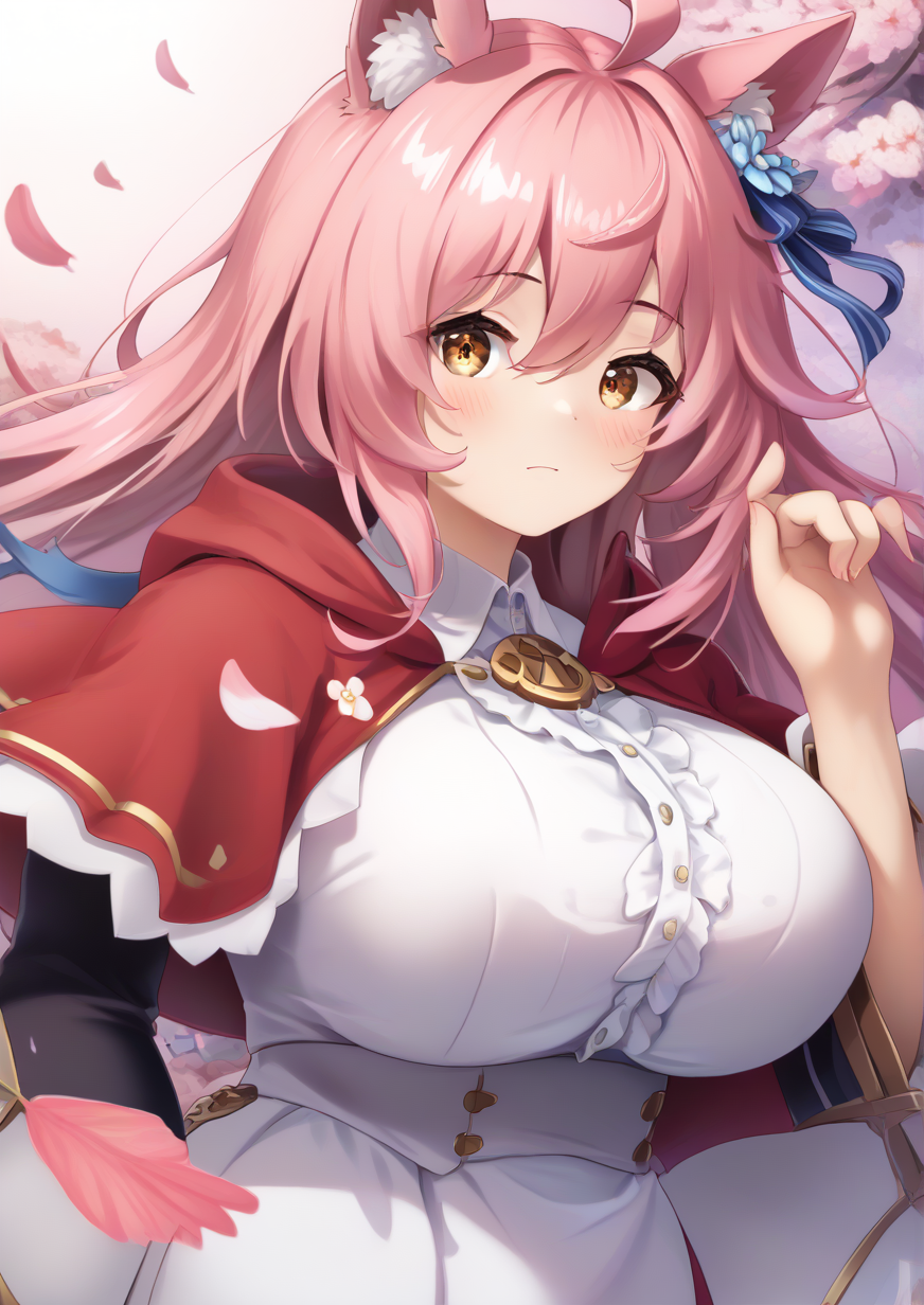 1girl, wolf-chan (wataame27), huge breast, , ahoge, animal ear fluff, animal ears, blue flower, blush, brown eyes, capelet, closed mouth, cropped torso, flower, hair between eyes, hair flower, hair ornament, hair ribbon, hand up, hood, hood down, hooded capelet, long hair, long sleeves, pink flower, pink hair, red capelet, red ribbon, ribbon, shirt, solo, upper body, white shirt, wolf ears,  handfixer <lora:HandFixer_pdxl_Incrs_v1:1> <lora:Zzo0:1>