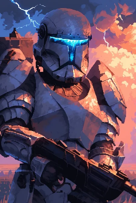 (7-CloneCommando holding gun), micro photography, portrait, detailed helmet, thunderstorm, blue lightning all around, huge waves
white armour,
pixel art
<lora:d3p1x3lXLP:1> <lora:CloneCommandoPONY:1>
