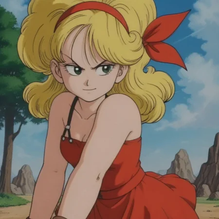 Outdoors, trees, blue sky, mountains, source_anime, source_cartoon, Thick outlines, 80s style anime filter, good angles
launch bad, smug face, blonde hair, long hair, curly hair, green eyes, red dress, red mini skirt, fierce look, fighting stance, pose