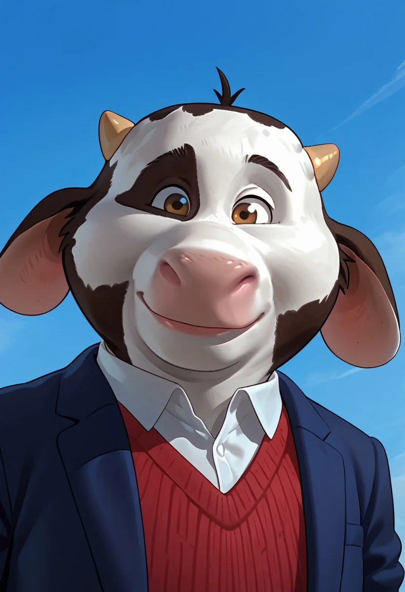 score_9, score_9_up, solo, 1boy, anthro, male, cow, pink nose, small horns, floppy ears, black and white fur, cow pattern fur, cow spots, white shirt, red jumper, brown shorts, blue blazer, brown hooves, cow tail, portrait, close shot, face close up, smiling, blue sky, Expressiveh