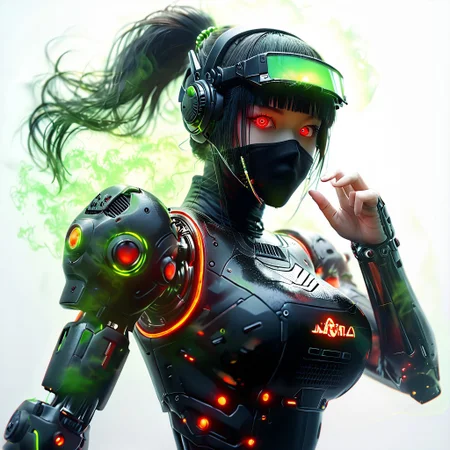 score_9, score_8_up, white background, looking at viewer,
1girl, robot girl, mechanical girl, translucent skin, black body, beautiful smooth skin, chromic light, black hair, long hair, android girl, human looking android, head mounted display, head visor, transparent visor,
large breasts, curvy, cowboy shot, beautiful eyes, black headband, green head accessories, random pose, blunt bangs, hime-cut, black carbon fiber, korean facial features, neon lights, ponytail, red eyes, ninja mask, sidelocks, face mask, female robot ninja,
auralora, green aura, colorful, glowing, IrradiateMorph