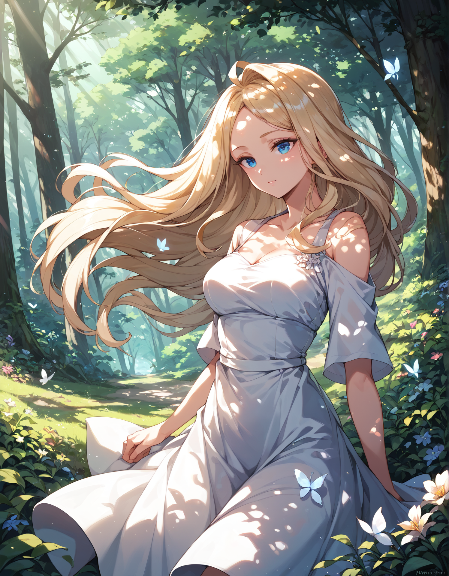 score_9, score_8_up, score_7_up, score_6_up, <lora:hinaPonyRealistic_v5-mbp-rev1:0.7>, hina,  newest, scenery, (dappled sunlight:1.2), rim light, backlit, dramatic shadow, 1girl, blonde hair, blue eyes, shiny eyes, white dress, forest, flowers, white butterfly,
