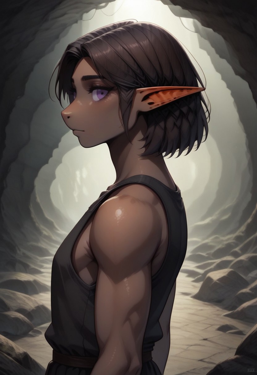 Repeta, 1 person, snout nose, solo, pointy ears, violet eyes, dark skin, dark brown hair, chin-length hair, parted hair, black sleeveless top, 
Violet gemstone attached to bicep,
organic cavern background,
Medieval style,
Bordered by rock walls, side view, 
Smooth colors, highly detailed face, clean lines, high quality, best quality, masterpiece, score: 9, score: 8 up, rating: safe, source: semi-realistic,