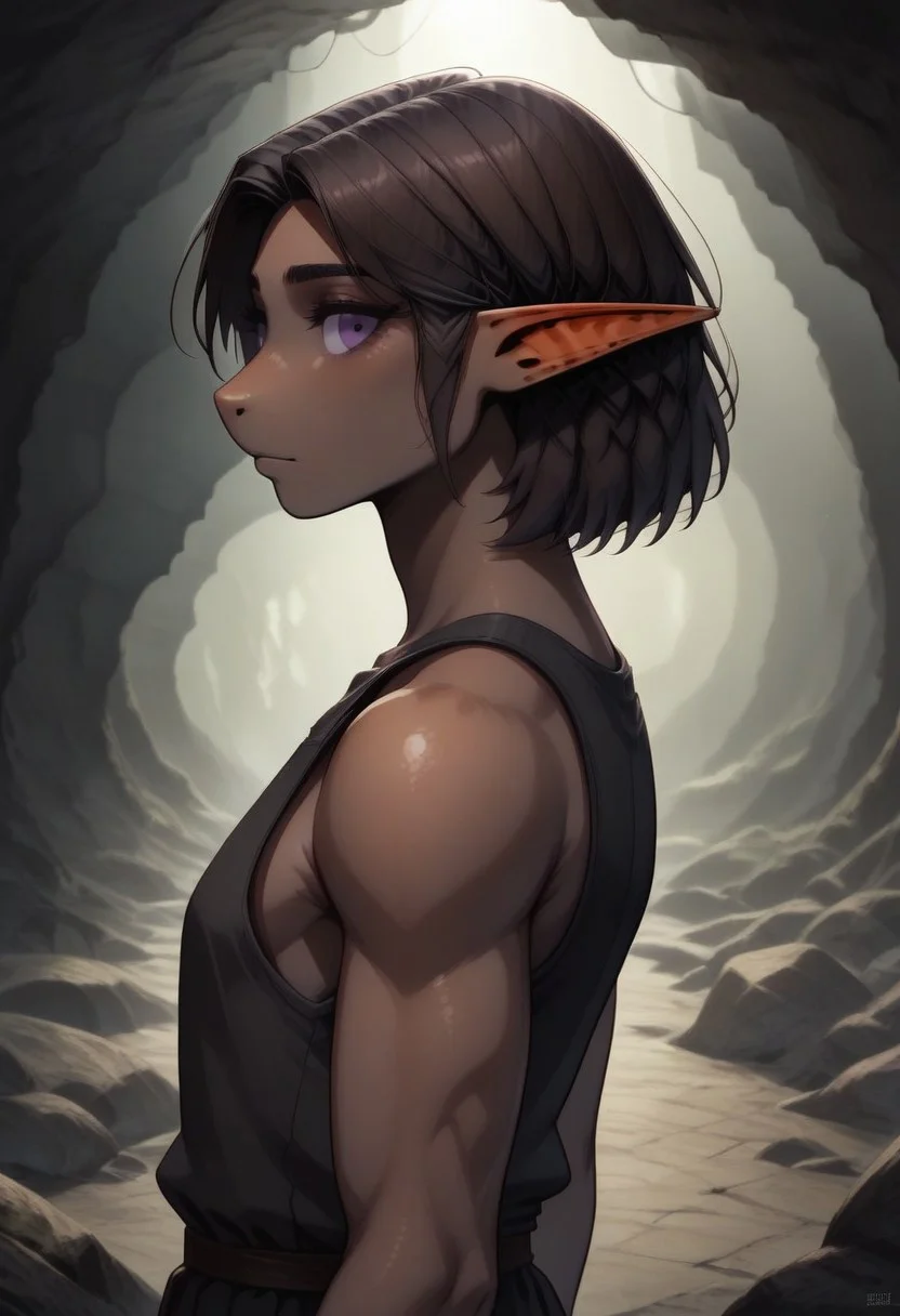 Repeta, 1 person, snout nose, solo, pointy ears, violet eyes, dark skin, dark brown hair, chin-length hair, parted hair, black sleeveless top,
Violet gemstone attached to bicep,
organic cavern background,
Medieval style,
Bordered by rock walls, side view,
Smooth colors, highly detailed face, clean lines, high quality, best quality, masterpiece, score: 9, score: 8 up, rating: safe, source: semi-realistic,