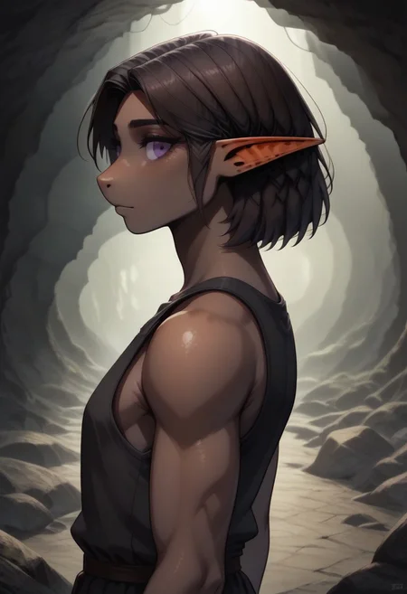 Repeta, 1 person, snout nose, solo, pointy ears, violet eyes, dark skin, dark brown hair, chin-length hair, parted hair, black sleeveless top,
Violet gemstone attached to bicep,
organic cavern background,
Medieval style,
Bordered by rock walls, side view,
Smooth colors, highly detailed face, clean lines, high quality, best quality, masterpiece, score: 9, score: 8 up, rating: safe, source: semi-realistic,