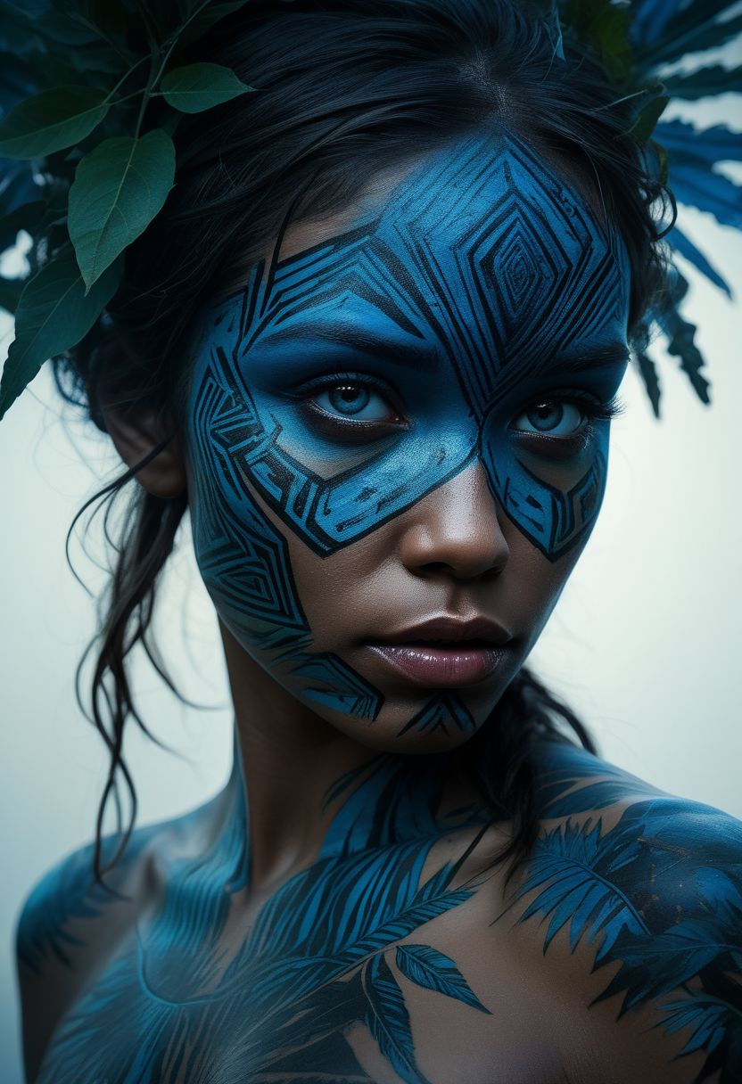 mysterious silhouette of a tribal woman, jungle, (blue warpaint over eyes only), goddess, alluring, by Minjae Lee, Carne Griffiths, Emily Kell, Steve McCurry, Geoffroy Thoorens, Aaron Horkey, Jordan Grimmer, Greg Rutkowski, amazing depth, double exposure, surreal, geometric patterns, intricately detailed, bokeh,  perfect balanced, deep fine borders, artistic photorealism , smooth,  great masterwork by head of prompt engineering   <lora:add-detail-xl:2>  <lora:Double_Exposure:0.5>
