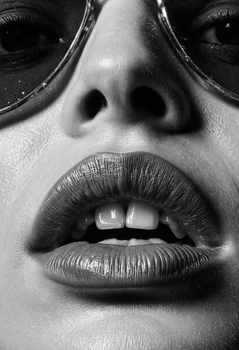 A black and white macro photograph of a woman's lips and nose, with glossy lipstick and visible skin texture, and sunglasses. Dramatic lighting highlights the skin., aidmamjv7, aidmaimageupgrader <lora:aidmaMJv7-FLUX-v0.1:0.8> <lora:aidmaImageUprader-FLUX-v0.3:0.4>