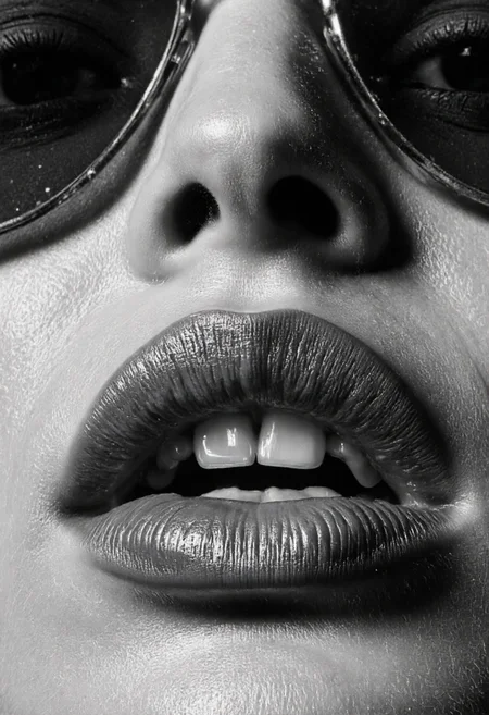 A black and white macro photograph of a woman's lips and nose, with glossy lipstick and visible skin texture, and sunglasses. Dramatic lighting highlights the skin., aidmamjv7, aidmaimageupgrader <lora:aidmaMJv7-FLUX-v0.1:0.8> <lora:aidmaImageUprader-FLUX-v0.3:0.4>