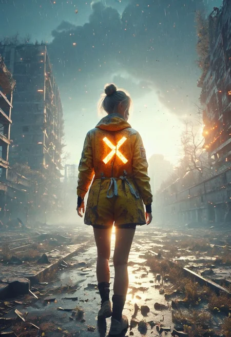 Chernobyl disaster, The nuclear power plant was destroyed after the explosion , Intercontinental ballistic missile Nuclear weapon, Russian alphabet, Apocalypse,girl,  fire,  glowing x, minimalist short outfit, anti social , running, falling snow, cyberpunk ruined ancient city, intricate details,8k post production, faithful, Religious denomination, cinematic color