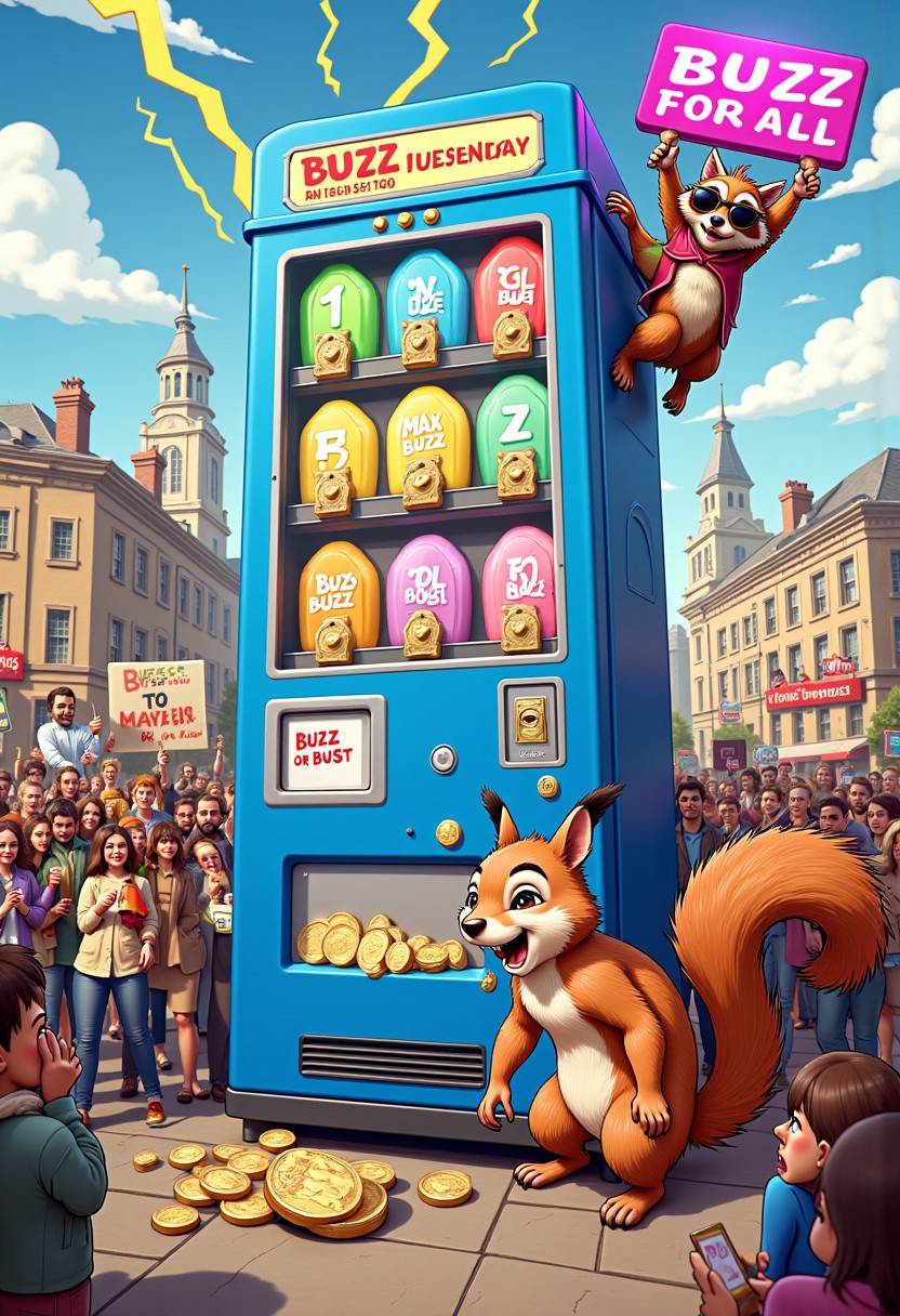 A gigantic vending machine towers over a busy city square, labeled "BUZZ DISPENSER 3000." It’s absurdly oversized, stretching up into the clouds, with massive buttons labeled with different buzz amounts: “1 Buzz,” “5 Buzz,” and “MAX BUZZ” (with lightning bolts sparking around it).
At the base of the vending machine, a tiny squirrel is desperately trying to drag a coin the size of its entire body toward the coin slot, visibly struggling with the effort. The squirrel looks determined, sweat dripping down its tiny face, while a crowd of onlookers (various animals and people) cheer it on, holding homemade signs that say, “GO SQUIRREL!” and “BUZZ OR BUST!”
In the background, a mischievous raccoon wearing sunglasses and a hoodie is climbing the vending machine with a rope, trying to rob it directly. Above him is a large neon sign that flashes “BUZZ FOR ALL!”
The sheer scale of the vending machine, the squirrel’s heroic struggle, and the raccoon’s antics create a chaotic and hilarious scene!