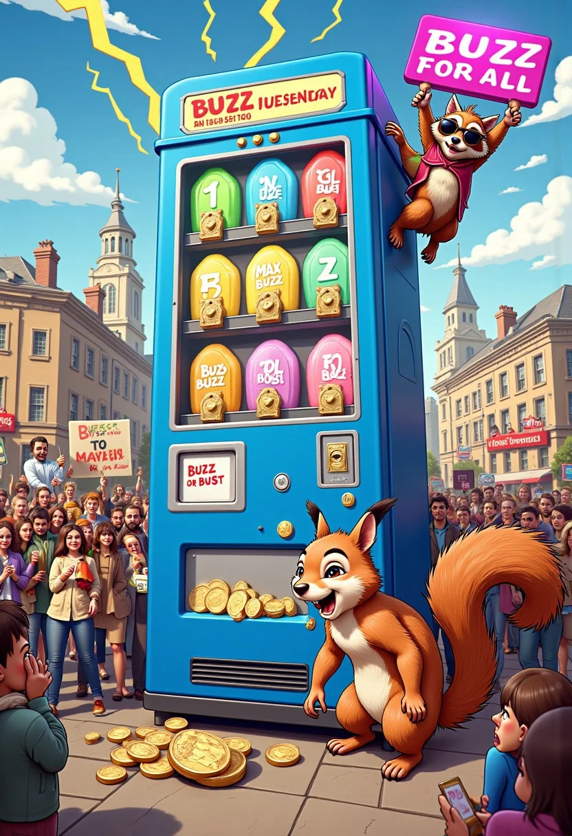 A gigantic vending machine towers over a busy city square, labeled "BUZZ DISPENSER 3000." It’s absurdly oversized, stretching up into the clouds, with massive buttons labeled with different buzz amounts: “1 Buzz,” “5 Buzz,” and “MAX BUZZ” (with lightning bolts sparking around it).
At the base of the vending machine, a tiny squirrel is desperately trying to drag a coin the size of its entire body toward the coin slot, visibly struggling with the effort. The squirrel looks determined, sweat dripping down its tiny face, while a crowd of onlookers (various animals and people) cheer it on, holding homemade signs that say, “GO SQUIRREL!” and “BUZZ OR BUST!”
In the background, a mischievous raccoon wearing sunglasses and a hoodie is climbing the vending machine with a rope, trying to rob it directly. Above him is a large neon sign that flashes “BUZZ FOR ALL!”
The sheer scale of the vending machine, the squirrel’s heroic struggle, and the raccoon’s antics create a chaotic and hilarious scene!