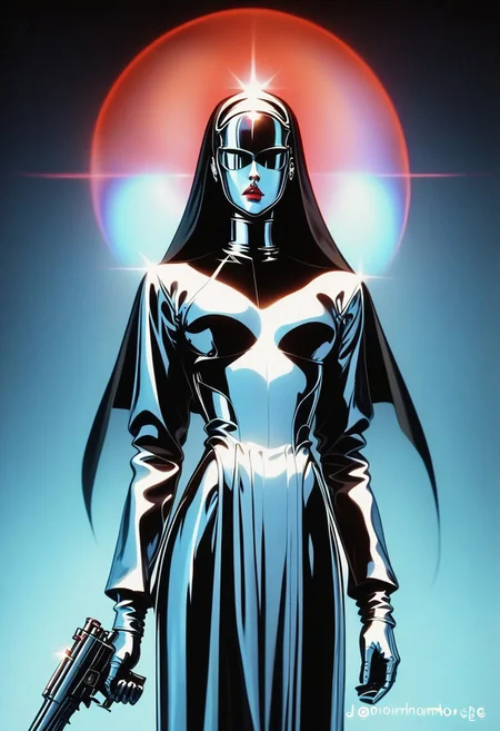 Score_9, score_8_up, score_7_up, score_6_up, nun holding two guns, mystery pose, habit, veil, Christian symbols, cool, from below, epic pose, feminine, serious, splash art, faceless female, long hair, standing, simple background, Chromecore, dark and blue background, vibrant colors, colorful, metal skin, expressionless, serious, Chromecore, bright, dark vibes, dark fantasy, armor, chromecore skin, glossy, polished, mirror sheen, lens flare, caustic lighting, specular highlights, radiant glow, diffused reflections, light scattering, chrome reflections, sparkling bokeh, iridescent highlights, glinting silver effects, <lora:Chromecore_style:0.8> UKIYO-E, ukiyo-e
