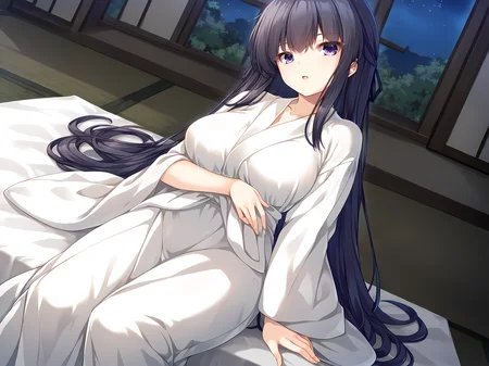 1girl,kimono,looking at viewer,breasts,escude,kagami,purple eyes,large breasts,window,<lora:ESCUDE_-_Haisen_Shoujo_-_Kagami:0.9>,moonlight,night,on back,sitting,, score_9, score_8_up, score_7_up,source_anime,(masterpiece),(best quality),(ultra-detailed),(best illustration),(best shadow),(absurdres),(detailed background),(very aesthetic),source_anime