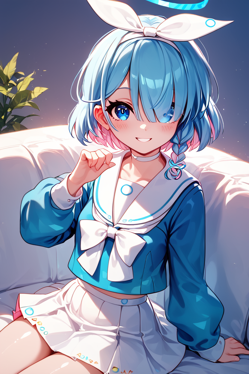 score_9, score_8_up, score_8, medium breasts, (curvy), cute, eyelashes,       BREAK, , ,,, zzArona, blue eyes, blue hair, hair over one eye, bangs, halo, mechanical halo, long sleeves, ribbon, school uniform, serafuku, skirt, white skirt, <lora:Arona_BlueArchive_PDXL:1.0>,   ,,,, BREAK, ,,, smile, looking at viewer, blush, blurry, couch, sitting, ,,, shiny skin, <lora:ProAnime_PDXL_v1:0.7>, ,,, embedding:zPDXL, Expressiveh, <lora:SDXLFaeTastic2400:0.5>, <lora:Expressive_H-000001:0.4>,