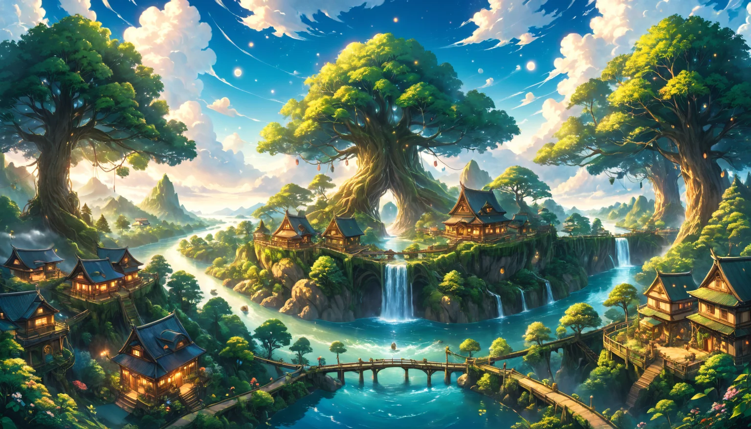 anime artwork ral-anmwrlds, extremely detailed 16k UHD photo of a {beautiful anime landscape, (huge tree civilization in the middle, centered, symmetrical:1.2), tree houses and connected pathways, river, bright shiny clouds and floating particles}, intricate details, hyperrealistic, cinematic, 8k uhd, soft lighting, HDR, high quality, sharp details, insanely detailed, elegant, award winning photography, in the style of studio ghibli, <lora:add-detail-xl:1>, <lora:xl_more_art-full_v1:0.2>, <lora:SDXLFaeTastic2400:0.2>, <lora:ral-anmwrlds-sdxl:0.5> . anime style, key visual, vibrant, studio anime, highly detailed