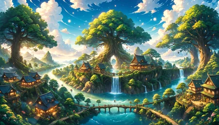 anime artwork ral-anmwrlds, extremely detailed 16k UHD photo of a {beautiful anime landscape, (huge tree civilization in the middle, centered, symmetrical:1.2), tree houses and connected pathways, river, bright shiny clouds and floating particles}, intricate details, hyperrealistic, cinematic, 8k uhd, soft lighting, HDR, high quality, sharp details, insanely detailed, elegant, award winning photography, in the style of studio ghibli, <lora:add-detail-xl:1>, <lora:xl_more_art-full_v1:0.2>, <lora:SDXLFaeTastic2400:0.2>, <lora:ral-anmwrlds-sdxl:0.5> . anime style, key visual, vibrant, studio anime, highly detailed