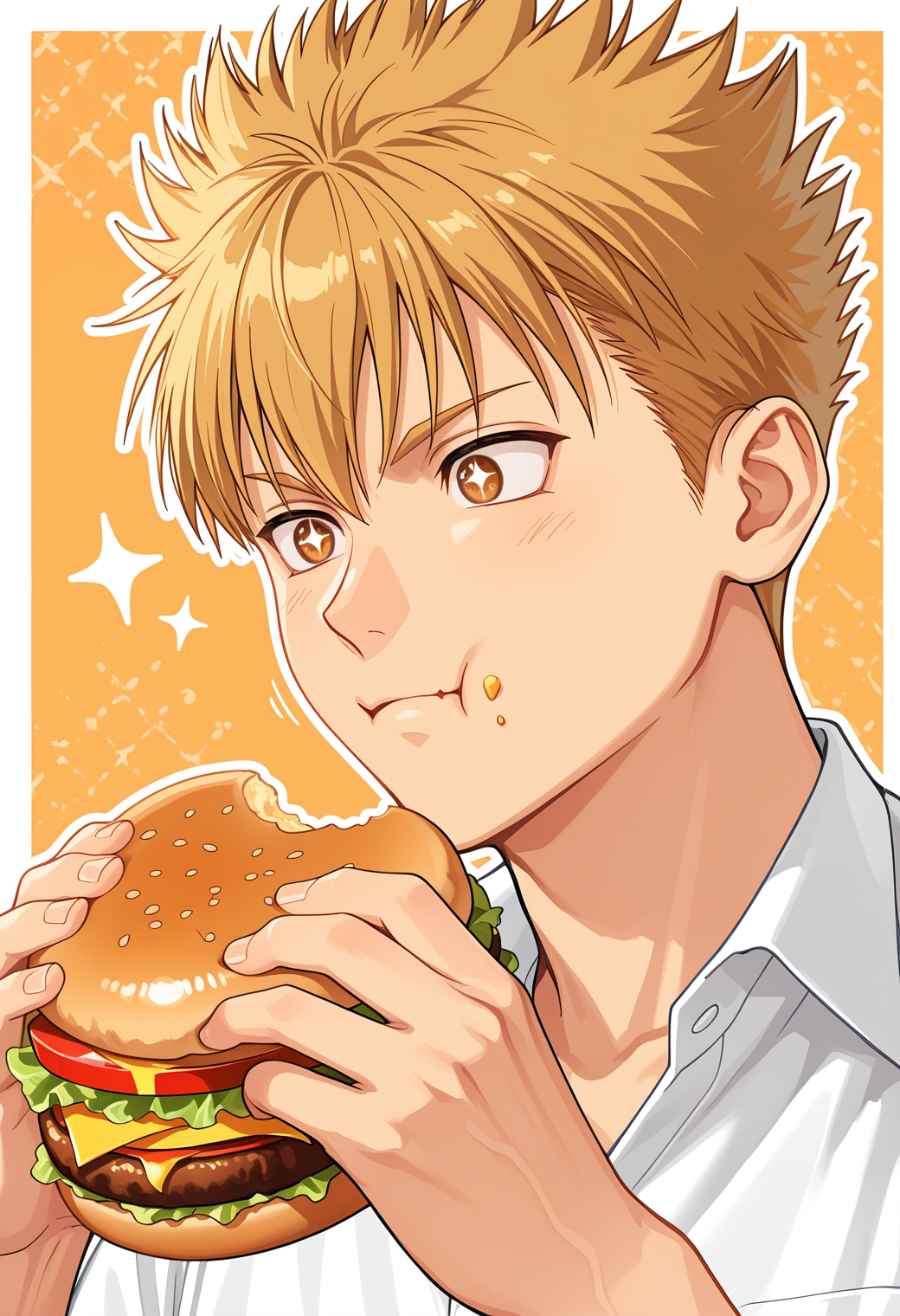 <lora:Fujiyama_Arashi_Tokimeki_Memorial_GS_3:1>,f4r4sh1,brown eyes,blonde_f4r4sh1_hair,spiky hair,1boy,solo,anime coloring,
eating,burger,sparkling eyes,food on face,white collared shirt,upper body,orange background,  star pattern, white outline, white border,
(masterpiece, best quality, absurdres, detailed, amazing quality, vivid colors, newest, very aesthetic, highres, expressive eyes)