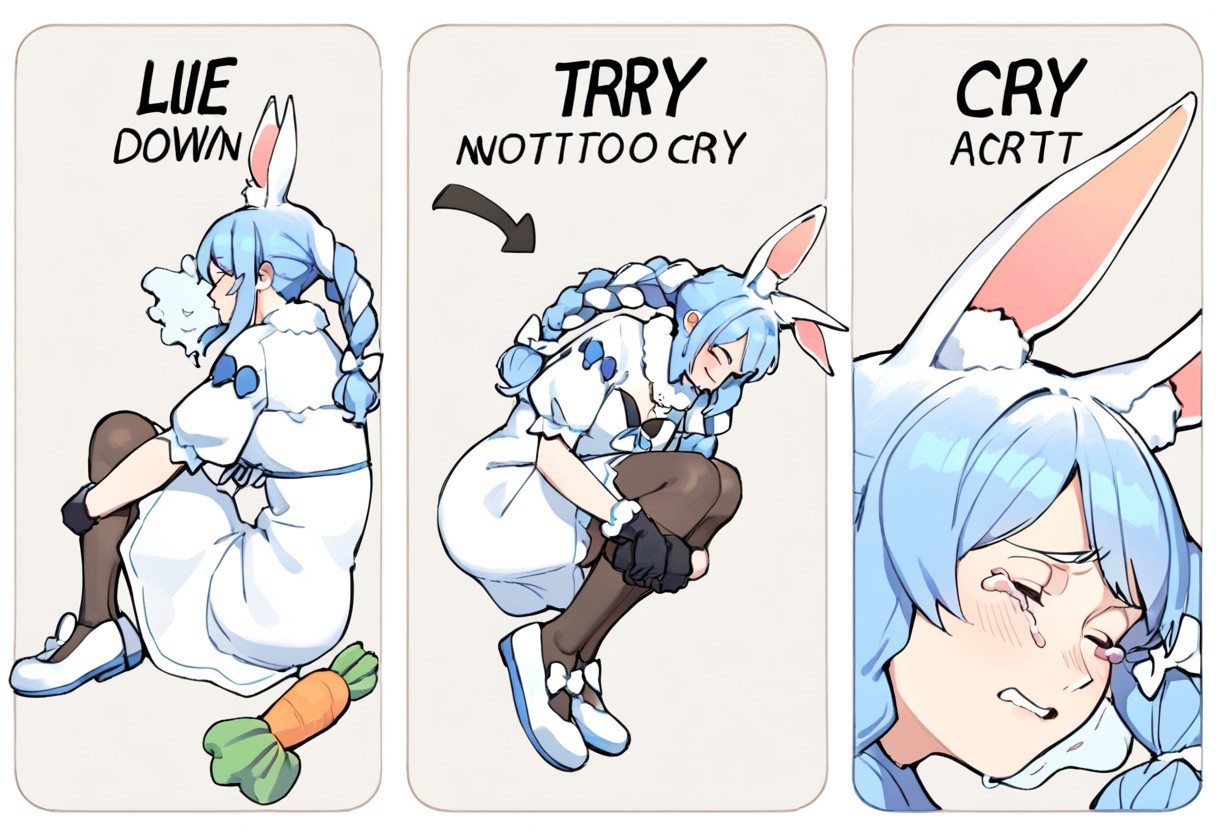 score_9,score_8_up,score_7_up,score_6_up, m3m3, comic, english text, 3panels, arrow \(symbol\), eyes closed, tears, fetal position, abbystea style, 1girl, usada pekora \(1st costume\), animal ear fluff, animal ears, twin braids, black gloves, blue hair, blush, bow, braid, carrot hair ornament, white dress
