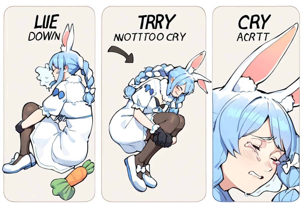 score_9,score_8_up,score_7_up,score_6_up, m3m3, comic, english text, 3panels, arrow \(symbol\), eyes closed, tears, fetal position, abbystea style, 1girl, usada pekora \(1st costume\), animal ear fluff, animal ears, twin braids, black gloves, blue hair, blush, bow, braid, carrot hair ornament, white dress